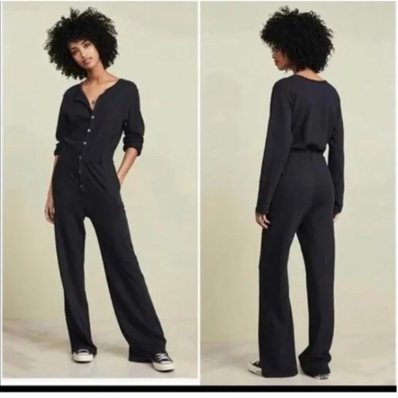Aerie Fleece Wide Leg Button Down Jumpsuit - Picture 1 of 12